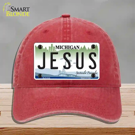 Jesus Michigan Novelty License Plate Hat Unconstructed Cotton / Red