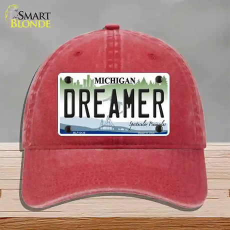 Dreamer Michigan Novelty License Plate Hat Unconstructed Cotton / Red