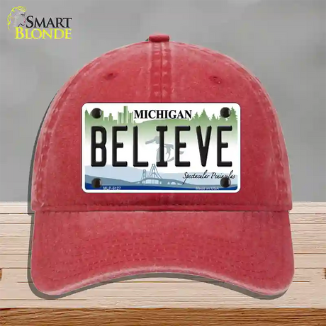 Believe Michigan Novelty License Plate Hat Unconstructed Cotton / Red