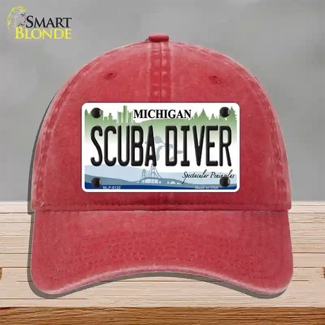 Scuba Diver Michigan Novelty License Plate Hat Unconstructed Cotton / Red