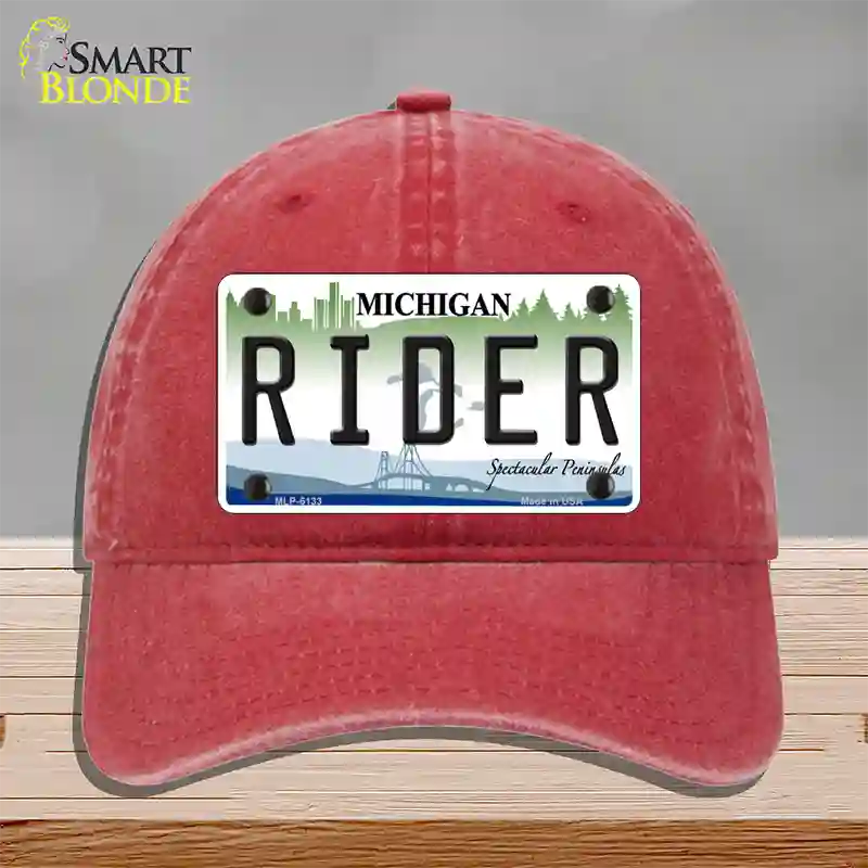 Rider Michigan Novelty License Plate Hat Unconstructed Cotton / Red