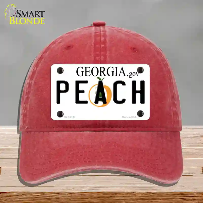 Peach Georgia Novelty License Plate Hat Unconstructed Cotton / Red