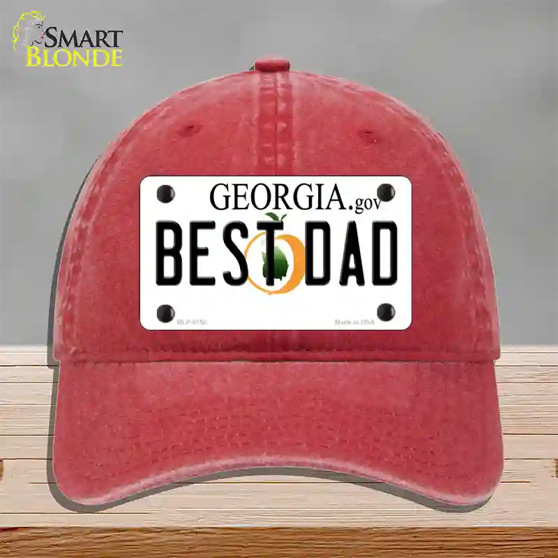 Best Dad Georgia Novelty License Plate Hat Unconstructed Cotton / Red