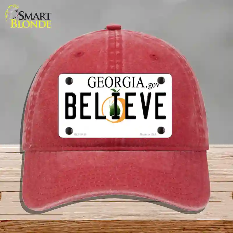 Believe Georgia Novelty License Plate Hat Unconstructed Cotton / Red