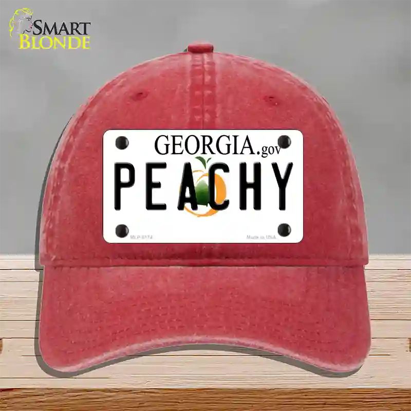 Peachy Georgia Novelty License Plate Hat Unconstructed Cotton / Red