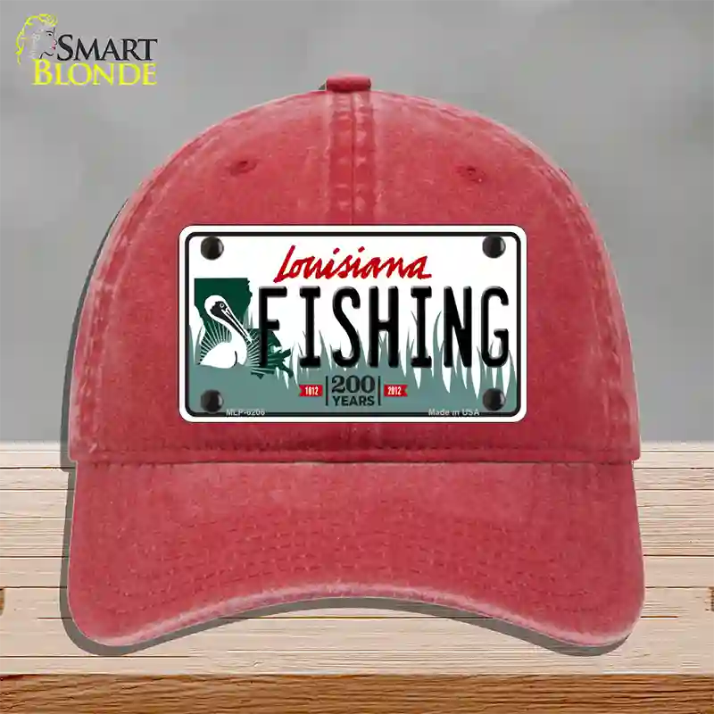 Fishing Louisiana Novelty License Plate Hat Unconstructed Cotton / Red