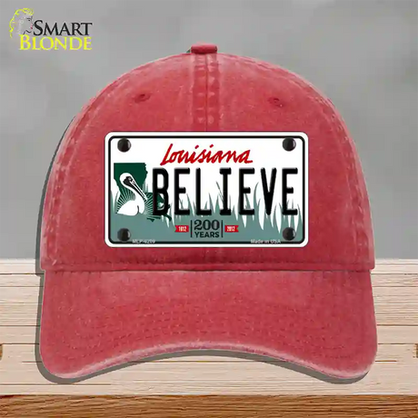 Believe Louisiana Novelty License Plate Hat Unconstructed Cotton / Red