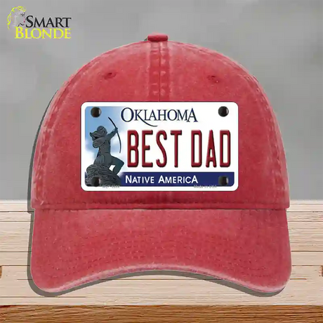 Best Dad Oklahoma Novelty License Plate Hat Unconstructed Cotton / Red