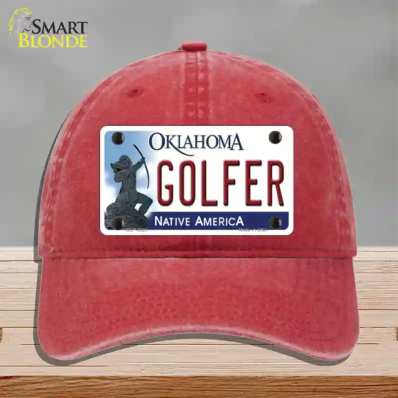 Golfer Oklahoma Novelty License Plate Hat Unconstructed Cotton / Red