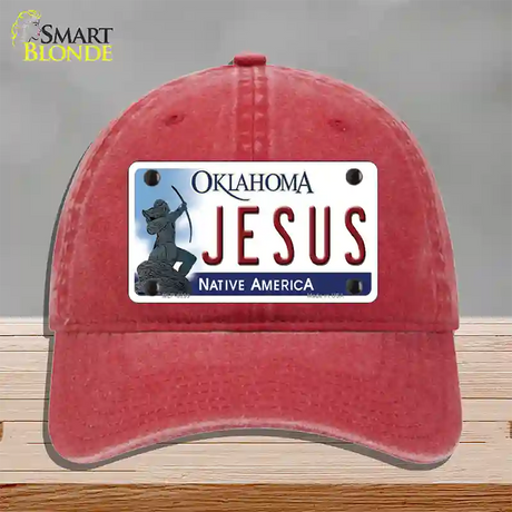 Jesus Oklahoma Novelty License Plate Hat Unconstructed Cotton / Red