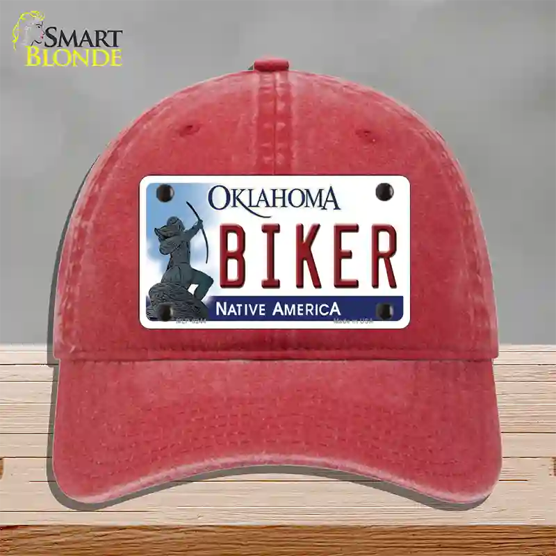 Biker Oklahoma Novelty License Plate Hat Unconstructed Cotton / Red