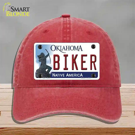 Biker Oklahoma Novelty License Plate Hat Unconstructed Cotton / Red