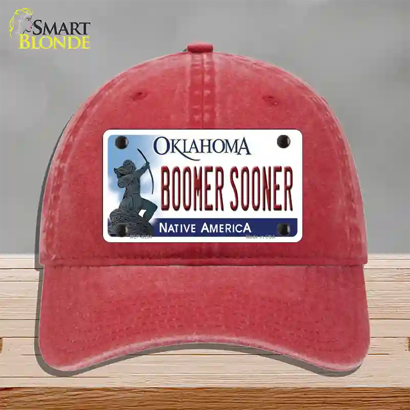 Boomer Sooner Oklahoma Novelty License Plate Hat Unconstructed Cotton / Red