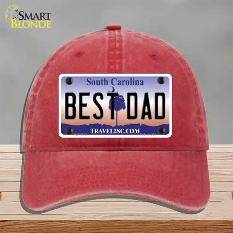 Best Dad South Carolina Novelty License Plate Hat Unconstructed Cotton / Red