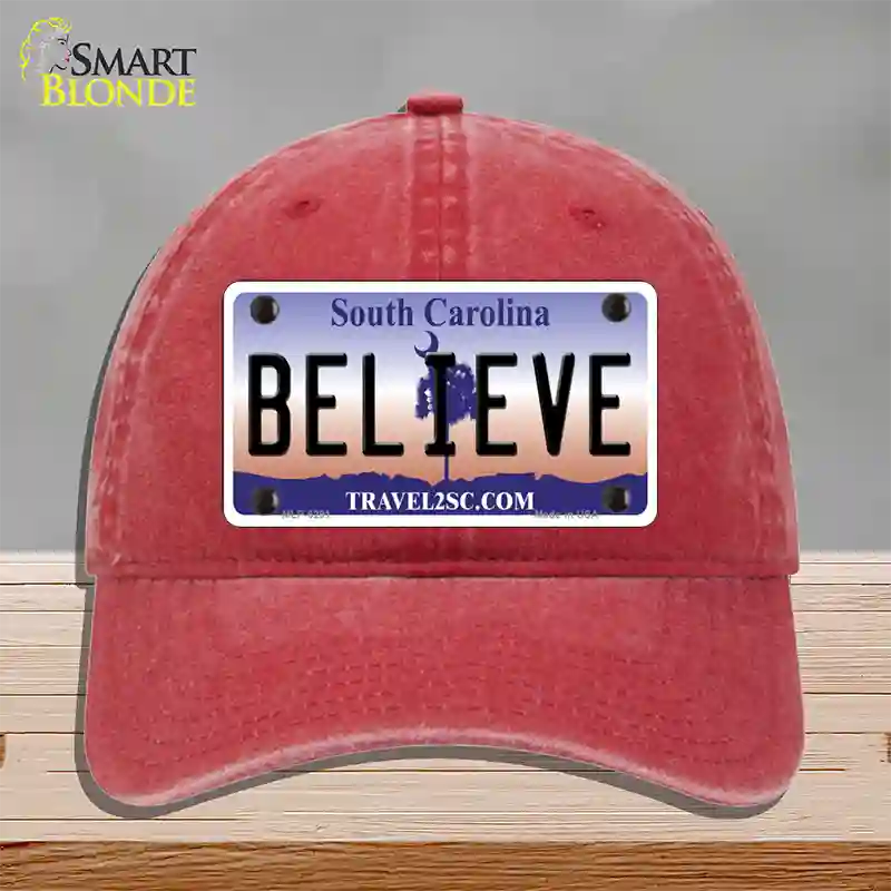 Believe South Carolina Novelty License Plate Hat Unconstructed Cotton / Red