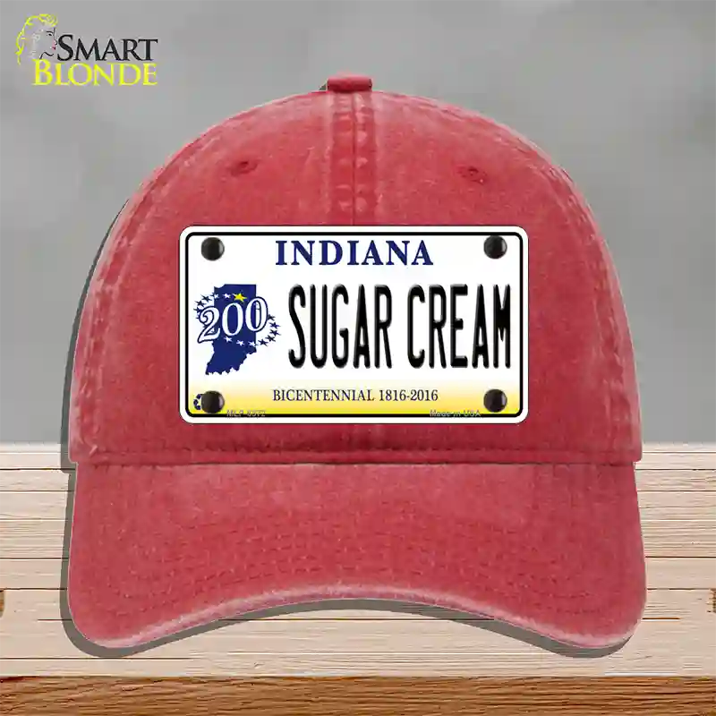 Sugar Cream Indiana Novelty License Plate Hat Unconstructed Cotton / Red