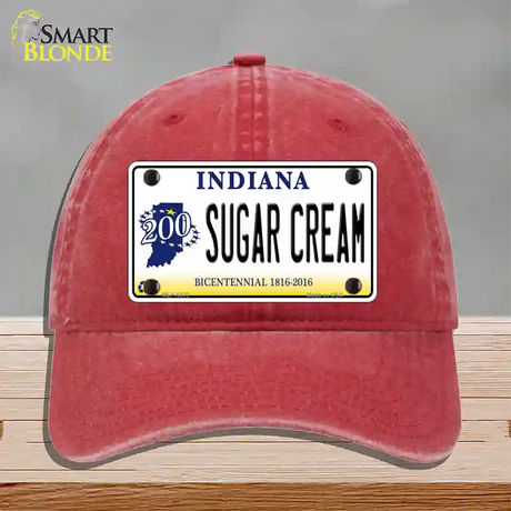 Sugar Cream Indiana Novelty License Plate Hat Unconstructed Cotton / Red