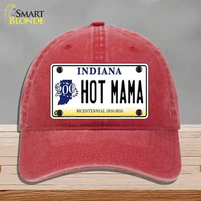 Hot Mama Indiana Novelty License Plate Hat Unconstructed Cotton / Red