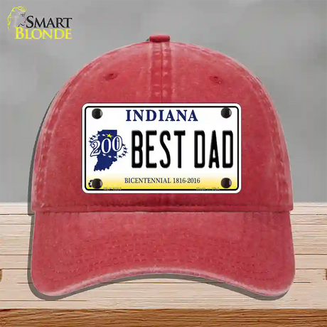 Best Dad Indiana Bicentennial Novelty License Plate Hat Unconstructed Cotton / Red