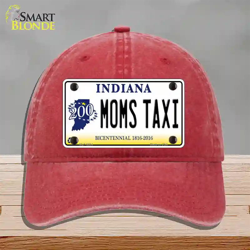 Moms Taxi Indiana Novelty License Plate Hat Unconstructed Cotton / Red