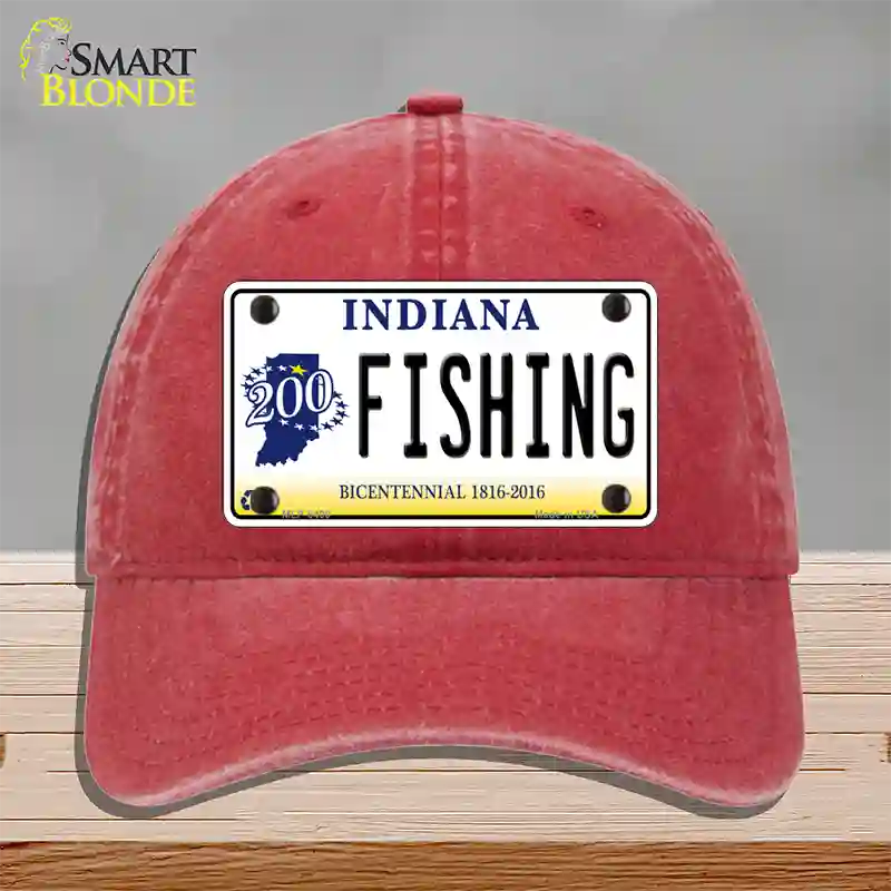 Fishing Indiana Novelty License Plate Hat Unconstructed Cotton / Red