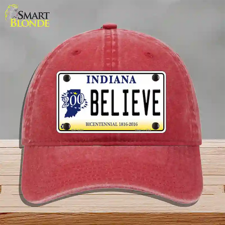 Believe Indiana Novelty License Plate Hat Unconstructed Cotton / Red