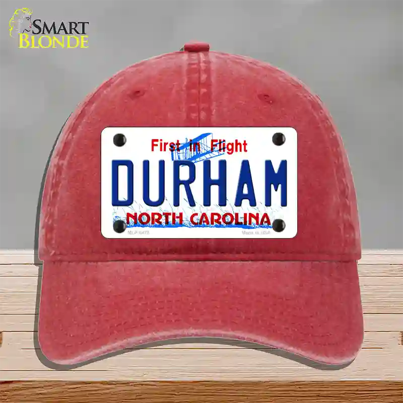 Durham North Carolina Novelty License Plate Hat Unconstructed Cotton / Red