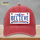 Believe North Carolina Novelty License Plate Hat Unconstructed Cotton / Red