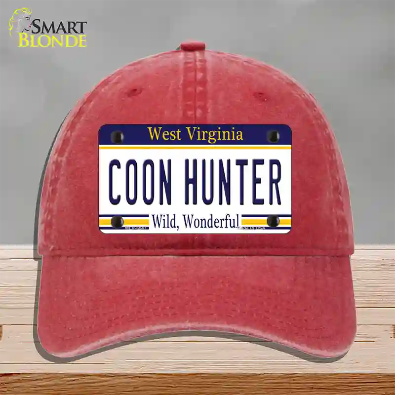 Coon Hunter West Virginia Novelty License Plate Hat Unconstructed Cotton / Red