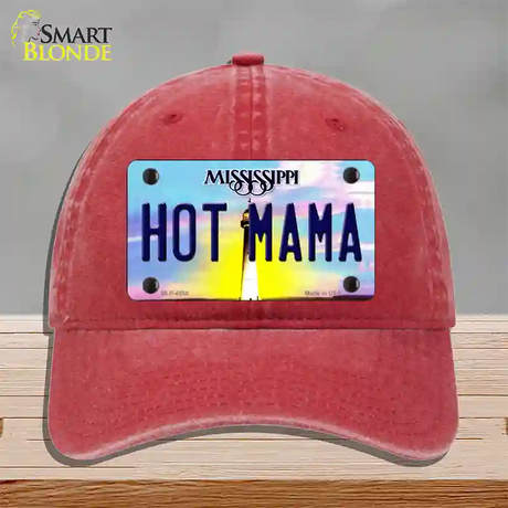 Hot Mama Mississippi Novelty License Plate Hat Unconstructed Cotton / Red