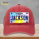 Jackson Mississippi Novelty License Plate Hat Unconstructed Cotton / Red