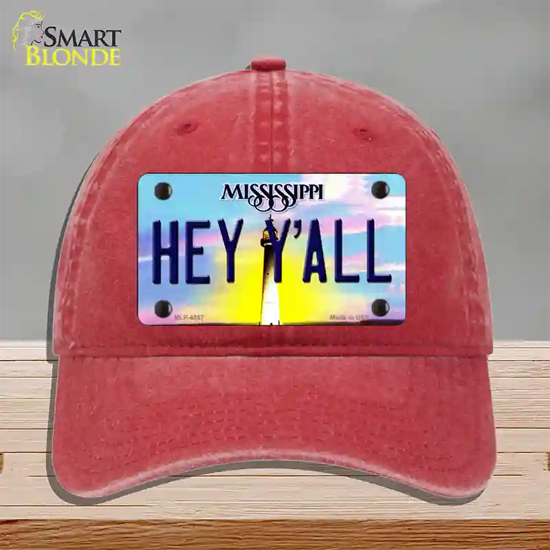 Hey YAll Mississippi Novelty License Plate Hat Unconstructed Cotton / Red