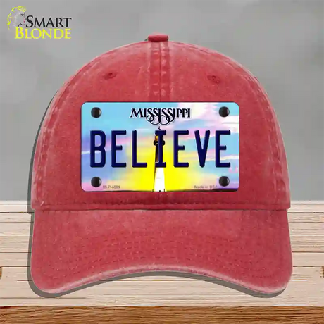 Believe Mississippi Novelty License Plate Hat Unconstructed Cotton / Red