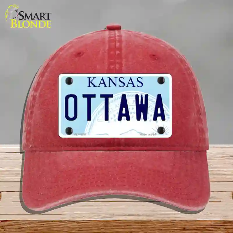 Ottawa Kansas Novelty License Plate Hat Unconstructed Cotton / Red