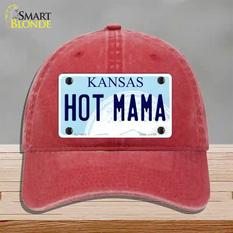 Hot Mama Kansas Novelty License Plate Hat Unconstructed Cotton / Red