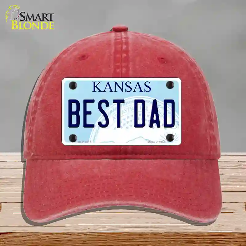 Best Dad Kansas Novelty License Plate Hat Unconstructed Cotton / Red