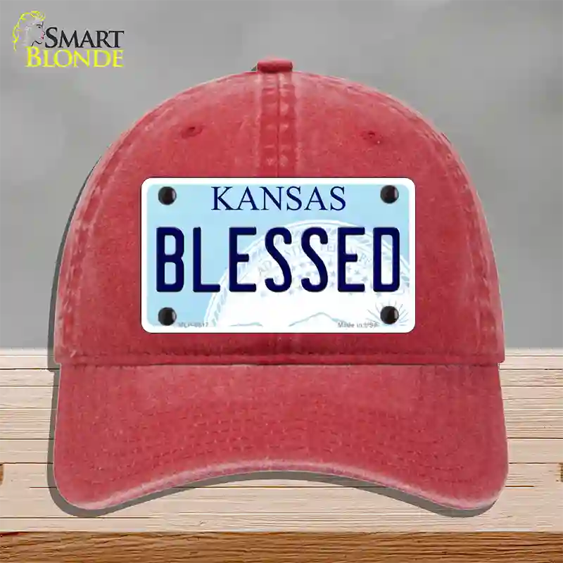 Blessed Kansas Novelty License Plate Hat Unconstructed Cotton / Red