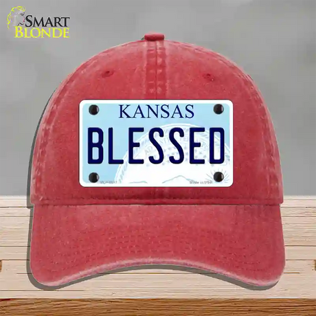 Blessed Kansas Novelty License Plate Hat Unconstructed Cotton / Red