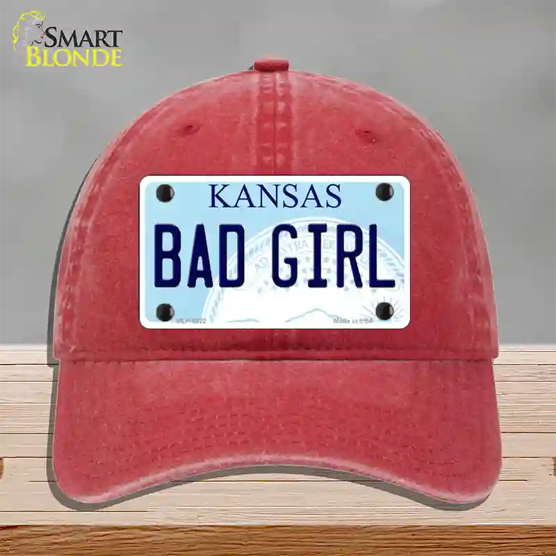 Bad Girl Kansas Novelty License Plate Hat Unconstructed Cotton / Red