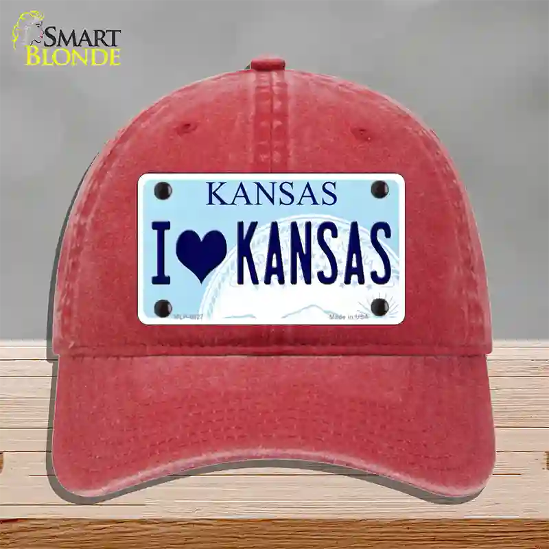 I Love Kansas Novelty License Plate Hat Unconstructed Cotton / Red