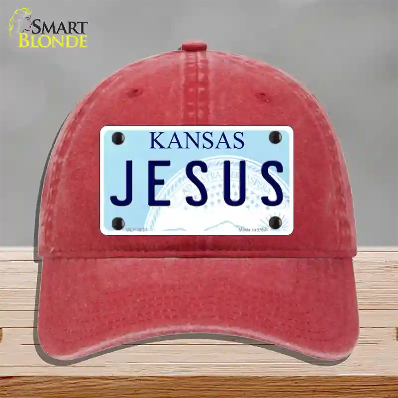 Jesus Kansas Novelty License Plate Hat Unconstructed Cotton / Red