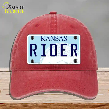 Rider Kansas Novelty License Plate Hat Unconstructed Cotton / Red