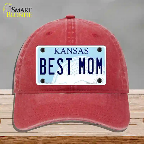 Best Mom Kansas Novelty License Plate Hat Unconstructed Cotton / Red