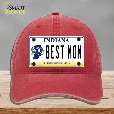 Best Mom Indiana Novelty License Plate Hat Unconstructed Cotton / Red