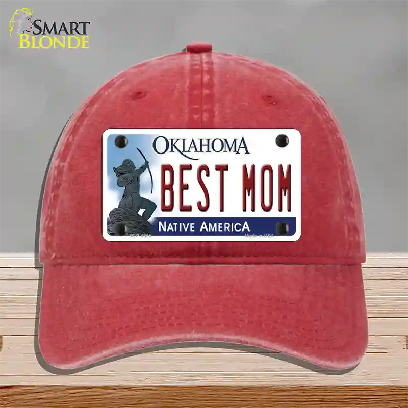 Best Mom Oklahoma Novelty License Plate Hat Unconstructed Cotton / Red