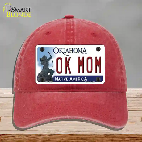 Ok Mom Oklahoma Novelty License Plate Hat Unconstructed Cotton / Red