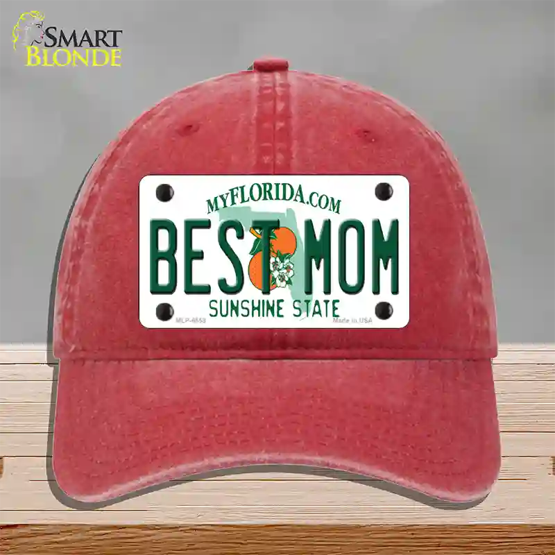 Best Mom Florida Novelty License Plate Hat Unconstructed Cotton / Red