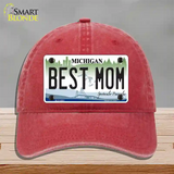 Best Mom Michigan Novelty License Plate Hat Unconstructed Cotton / Red