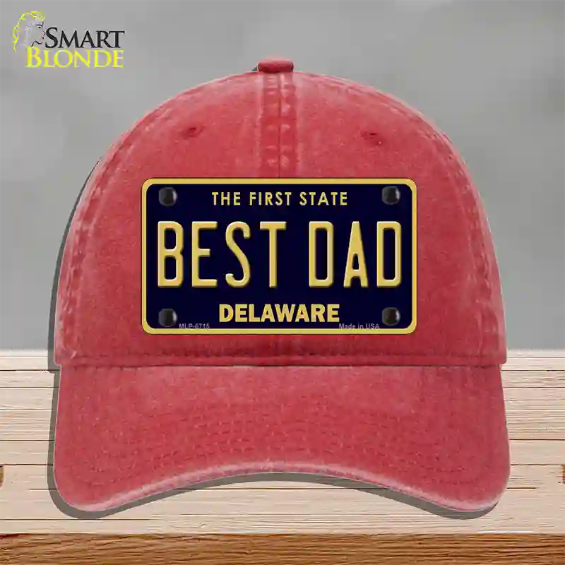 Best Dad Delaware Novelty License Plate Hat Unconstructed Cotton / Red