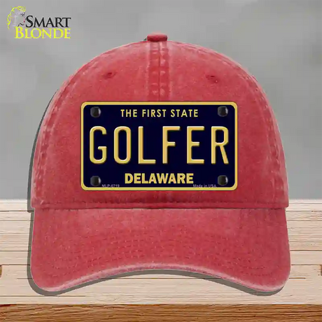 Golfer Delaware Novelty License Plate Hat Unconstructed Cotton / Red